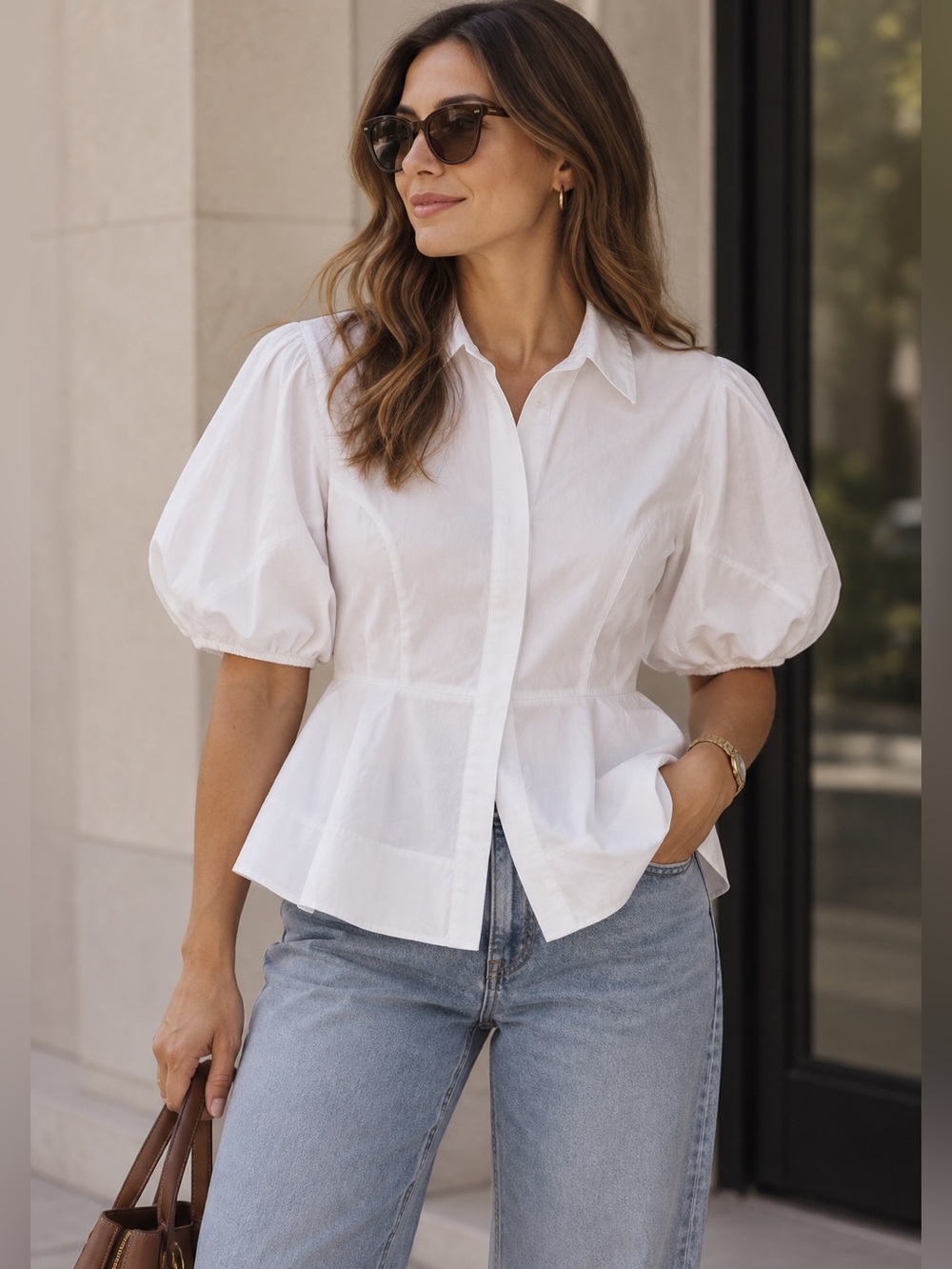 Zara White Puff-Sleeve Peplum Shirt